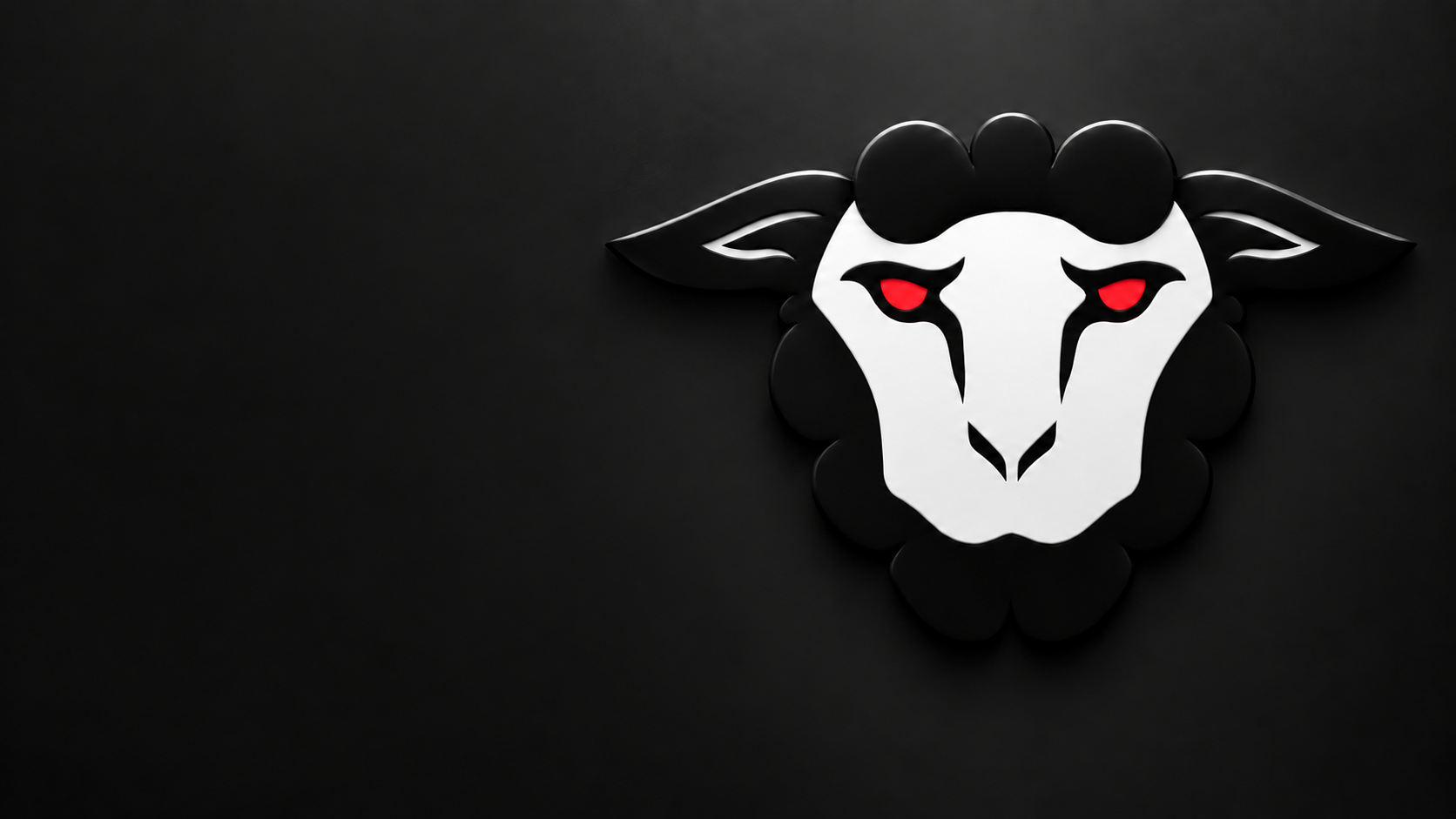 Oveja de Rebellious Sheep, de frente, en blanco y negro con ojos rojos y relieve tridimensional
